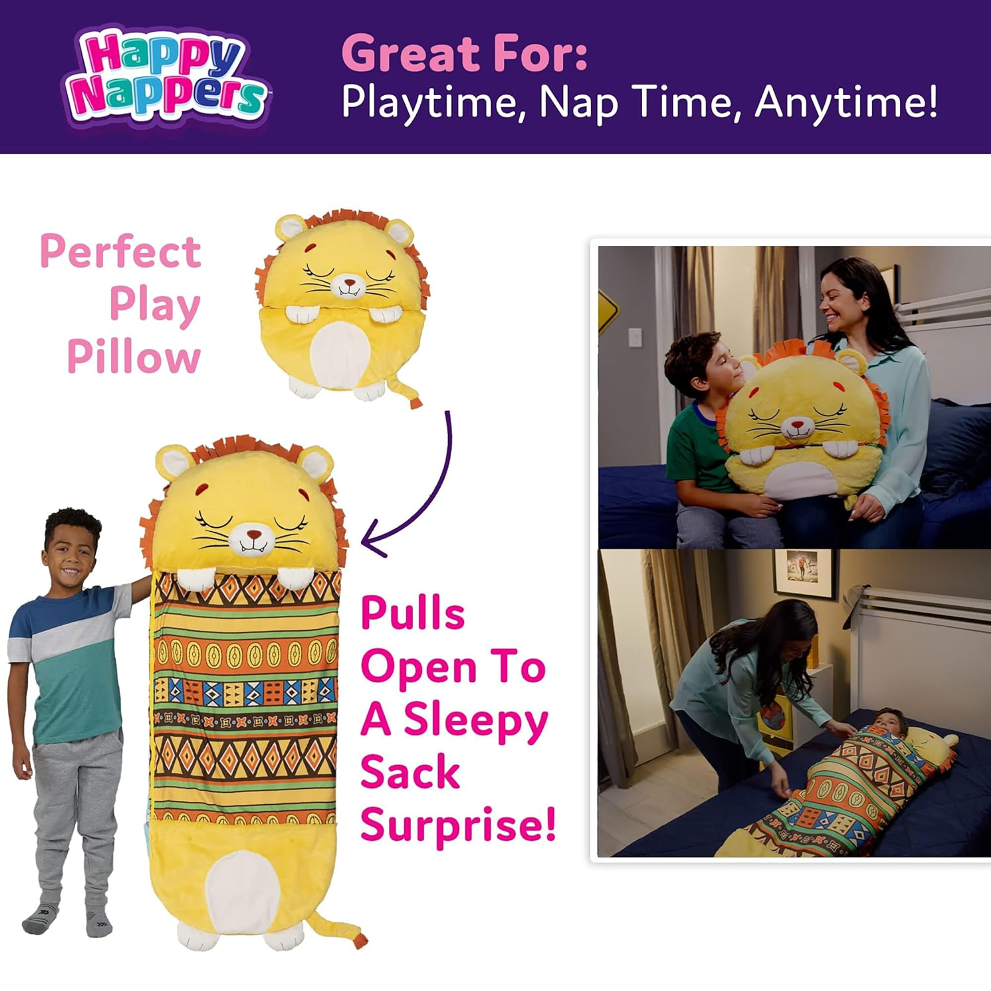 Happy Nappers: Pillow & Sleepy Sack: Medium - Lion Lex - 54 x 20", 2-In-1: Plush Animal Opens Into Sleeping Bag, Soft Play & Nap Character, Kids 3+