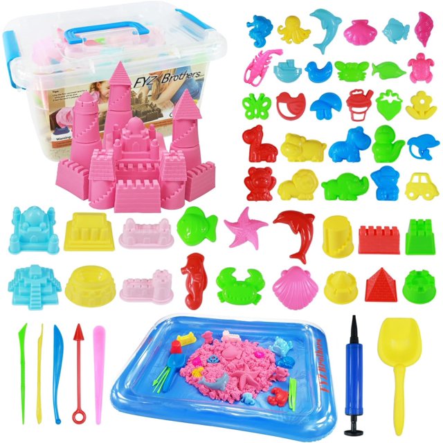 Kit de arena, juego de juguetes de caja de arena de 54 piezas para niños y niñas, arena beige mágica de 3 libras, herramientas de molde, bandeja inflable, caja de almacenamiento, divertido regalo de c