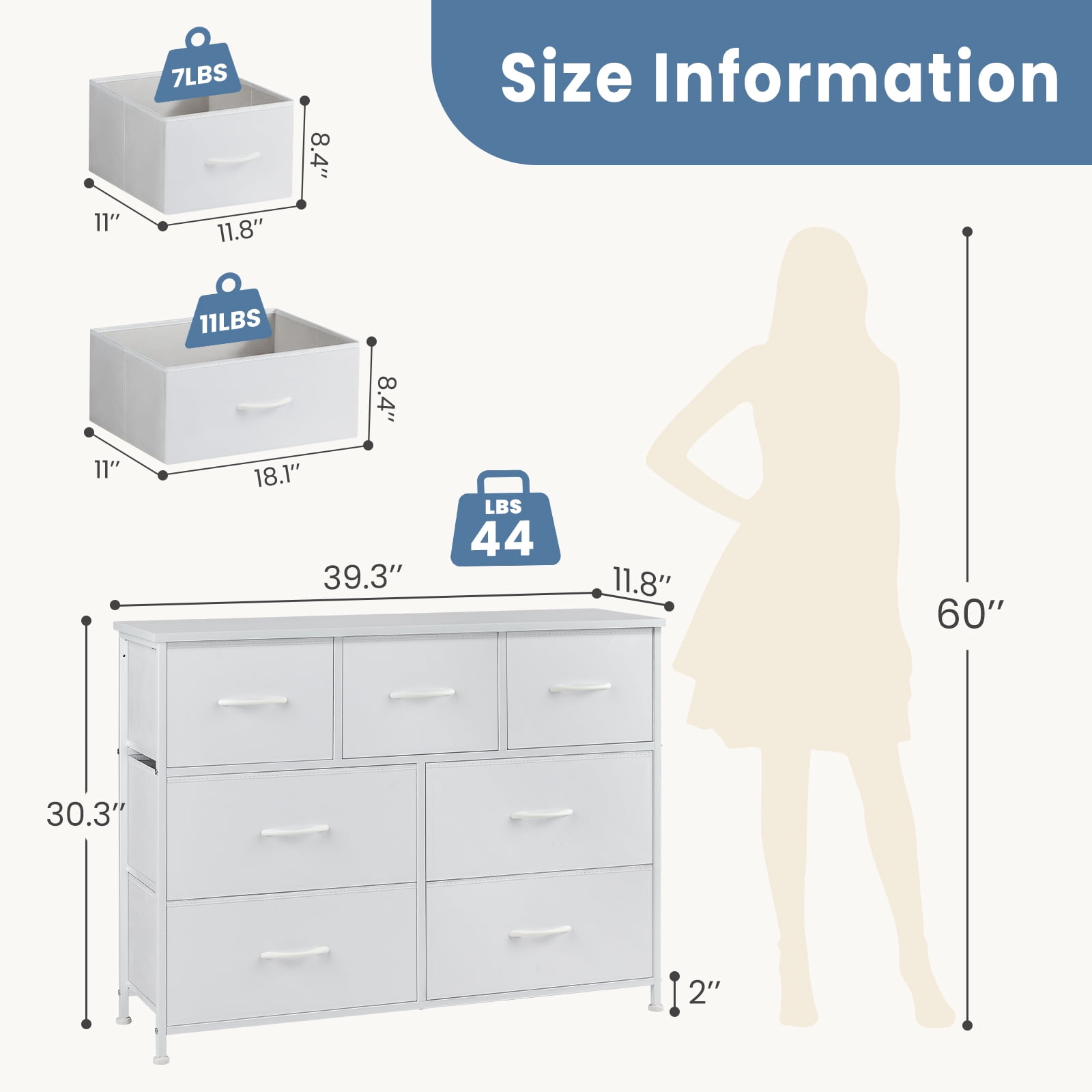 CONCETTA 7-Drawer Fabric Dresser Storage Chest for Bedroom, Closet, Storage Furniture for Adults, White