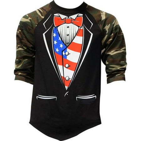 Men's Fancy American Flag Tuxedo Tee Black/Camo Raglan Baseball T-Shirt 2X-Large Black/Camo