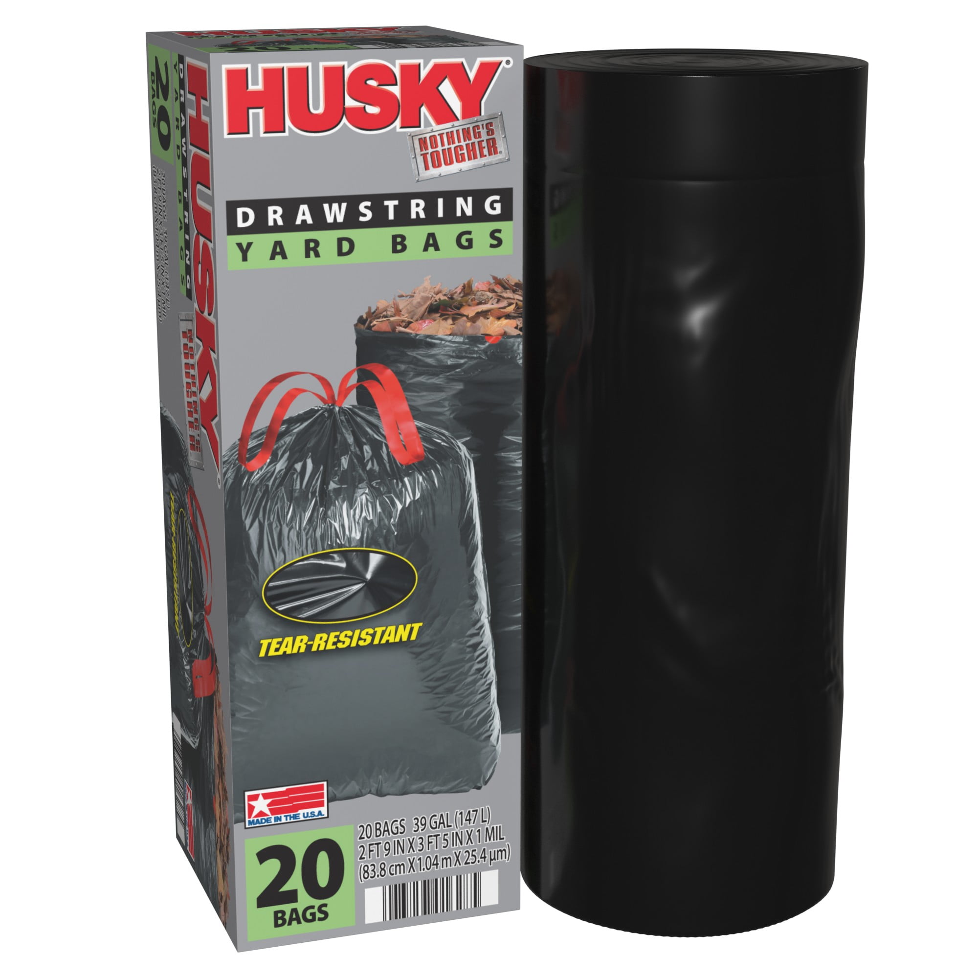 Husky 39 Gallon Drawstring Yard Bags, Black, 20 Bags
