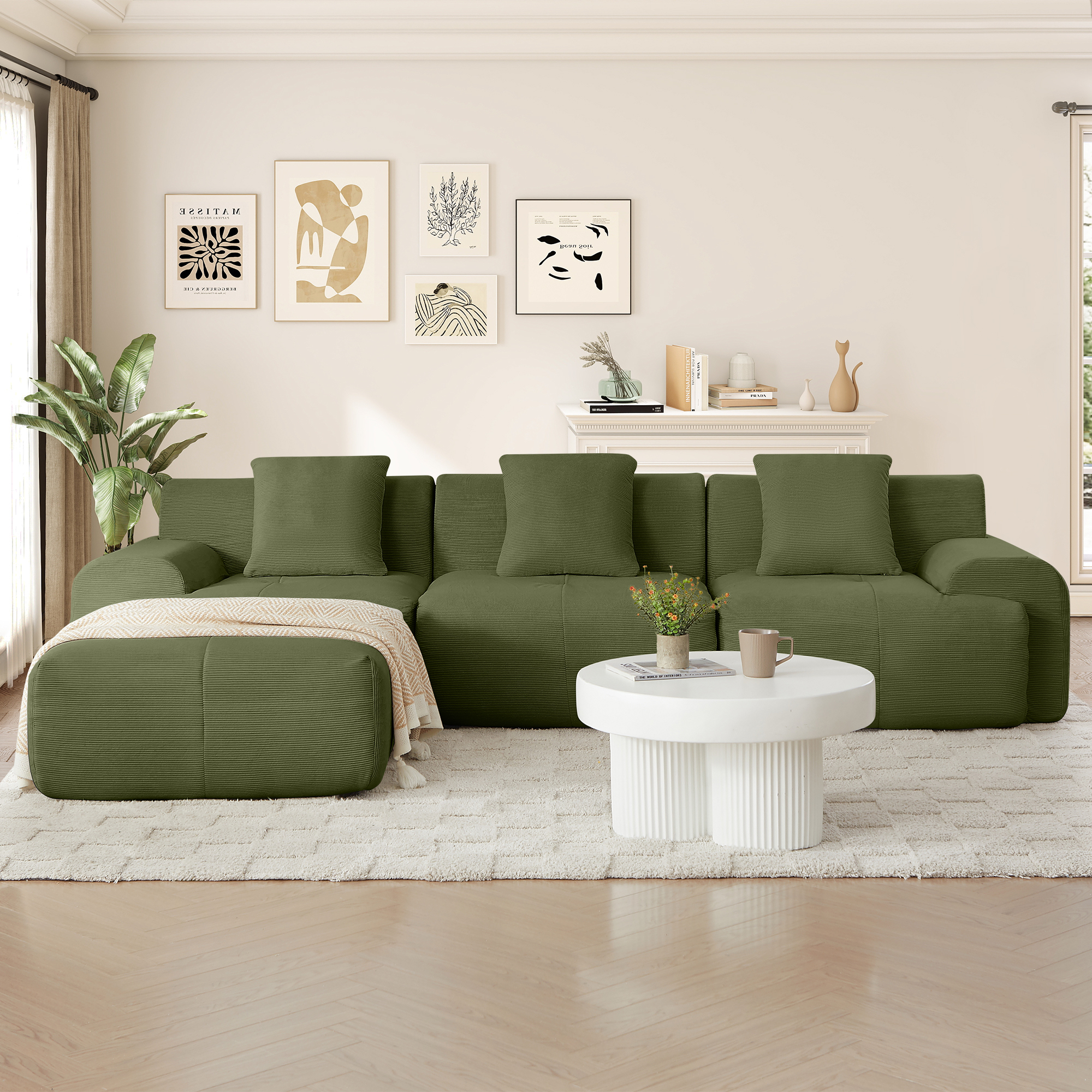 Muumblus 113" L-Shaped Modular Sectional Sofa, Oversized Corduroy Cloud Couch for Living Room, Green