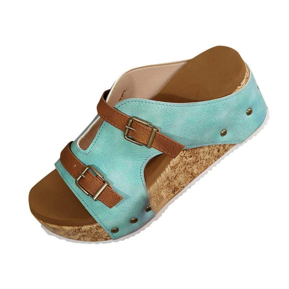 Summer Womans Slippers for Beach Fashion Espadrille Wedge Open Toe Slip-On Buckle Sandals Casual Daily Shoes Light Blue 9.5