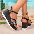 thumbnail image 4 of Rokment Womens Pearl Rhinestones Charms Platform Wedge Dressy Sandals Elegant Leather Chunky High Heels Bride Wedding Fashion Casual Dress Summer Shoes Black Size 6.5, 4 of 6