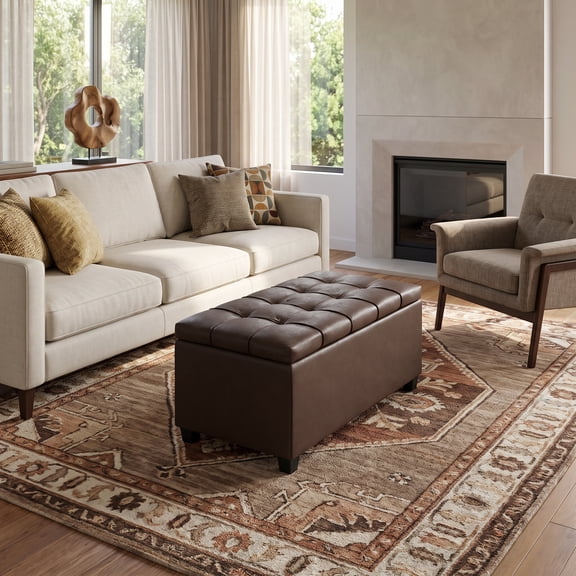 Sienna 34" Transitional Rectangle Ottoman Bench in Chocolate Brown Faux Leather