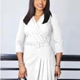 thumbnail image 2 of AURA Plus Size V Neck Pleated Midi Dress High Waist Belted A Line 3 4 Sleeve Elegant Summer Work Dress with Zipper, 2 of 9