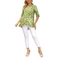 thumbnail image 2 of INSPIRE CHIC Womens Roll Up 3/4 Sleeve Tops V Neck Floral Print Shirts Dressy Casual Work Tunic Blouses M Green, 2 of 5