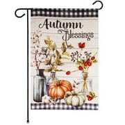 G128 Fall Garden Flag Double-Sided, Autumn Blessings Pumpkins and Flower Vases Design, 12x18 in Outdoor Seasonal Blockout Fabric