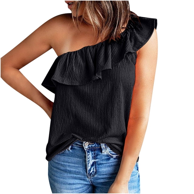 ohmzyzo Womens One Shoulder Tops Ruffled Solid Color Tunic Shirts Summer Sleeveless Loose Tank Top
