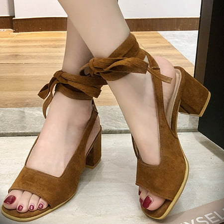 

TUTUnaumb Women s Sandals Size 5.5 Girls Sandals Women Shoes Summer Ladies Fashion Women s Summer Fish Mouth Open Toe Sandals Thick Heel Ankle Lace-up Strap Sandals Casual Shoes for Women-Brown
