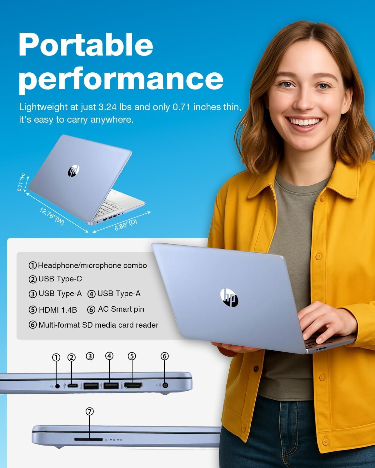 HP 14" Laptop Student Business Computer, Intel N150 Processor, 1-Year Microsoft 365, 16GB RAM, 128GB UFS, 256GB Micro SD Card, Copilot AI, Windows 11 Pro