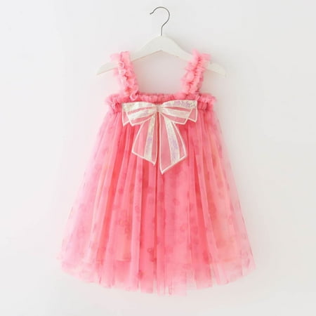 

WHLBF Toddler Kids Baby Girls Dress Cute Summer Mesh Solid Color Print Bow Suspenders Skirt Pink 12-18Months(12-18Months)