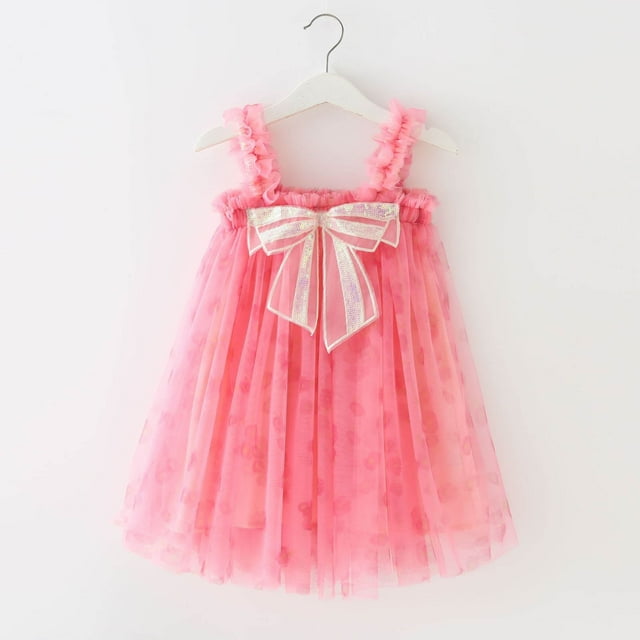 EGNMCR Robe pour Enfants, Robe Sans Manches à Col Rond Longueur Genou Robe Tout-Petit Enfants Bébés Filles Mignonne Été en Maille Couleur Unie Imprimé Nœud Bretelles Robe Jupe Robe Fille