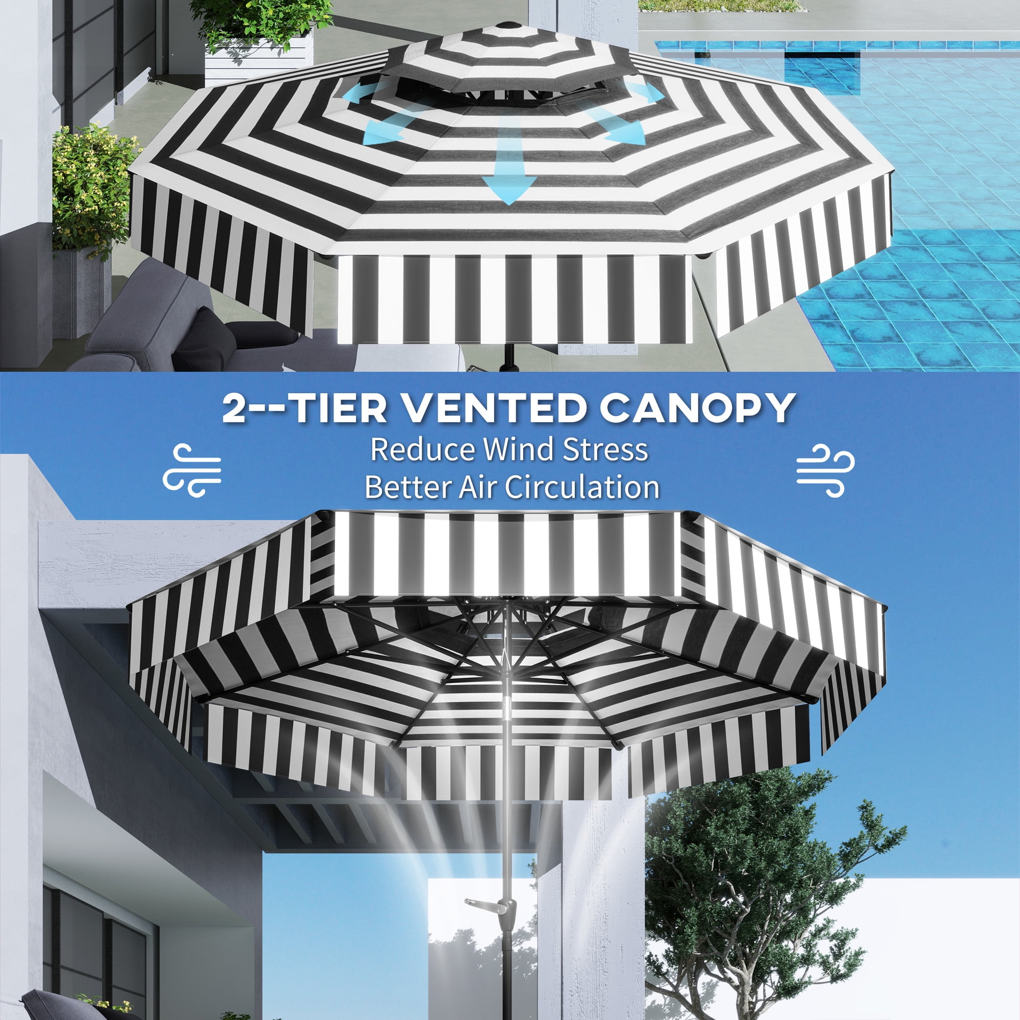 Outsunny 8.6FT Patio Umbrella, UPF 30+ Outdoor Market Umbrella, 2-Tier Vented Patio Table Umbrella with Crank, 8 Ribs, Push Button Tilt, Black