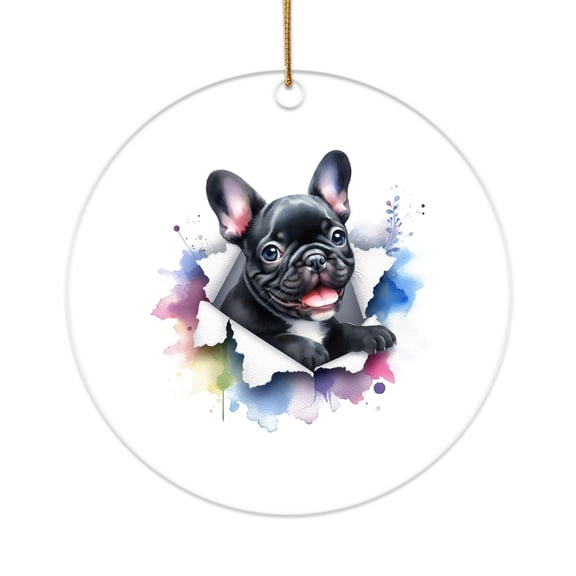 Funny Watercolor Adorable French Bulldog Peeking Through Torn Paper Effect Acrylic Round Ornament Dog Lover Gifts Home Tree Decor - 00026