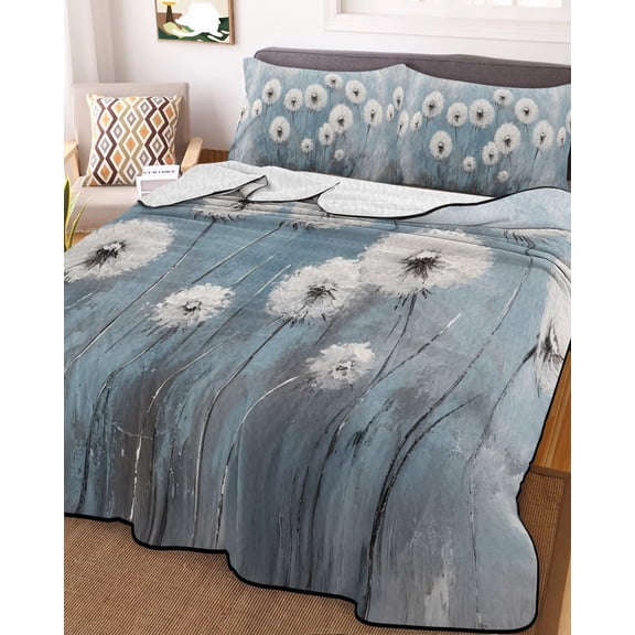 White Dandelion Twin Size Down Alternative Comforter, Lightweight Comforter Quilt Bedding Set with Pillow Shams Blue Oil Painting Retro Modern Art All Seasons Bed Comforter Duvet Insert 68"x86"