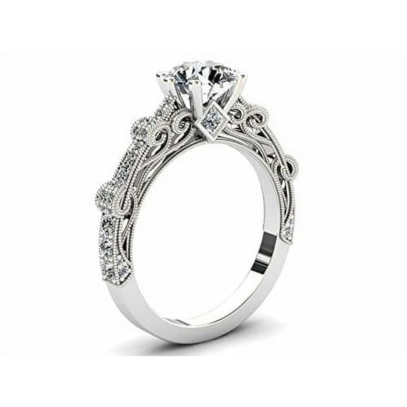 HeartsAndYou 2ct Round Moissanite Solitaire with Accent Vintage Inspired Milgrain Ring 18k White Gold over Silver