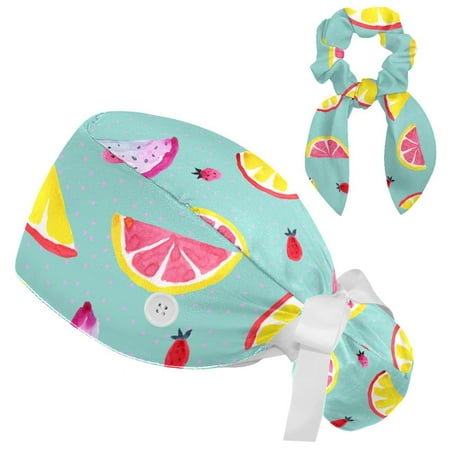 

Working Cap with Buttons and Sweatband Scrub Hat Bouffant Caps with Scrunchie Watercolor Fruit Tie Back Hats