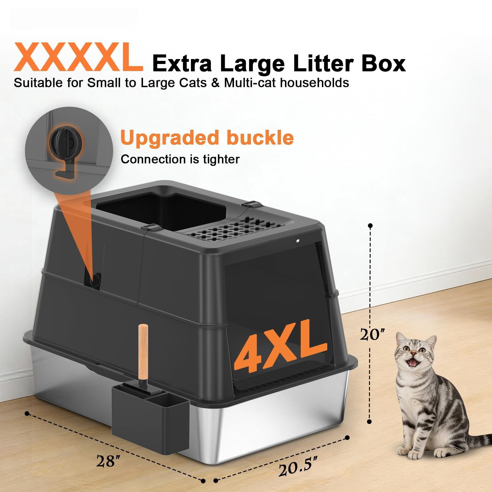 Stainless Steel Cat Litter Box With Lid Extra Large Enclosed Non-sticky Metal Pan High Sided & Scoop  Odor Free Front Top Entry Anti-leakage Easy Cleaning