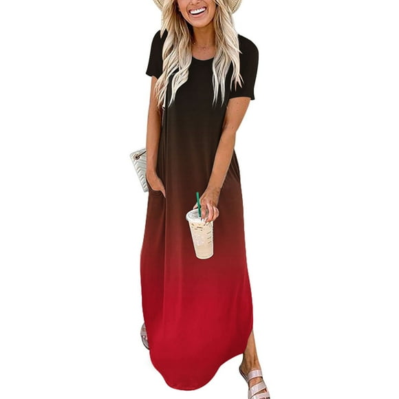 XZNGL Womens Maxi Dresses Summer Casual Cross Rounk Neck Short Sleeve Slit Vacation Beach Long Dress