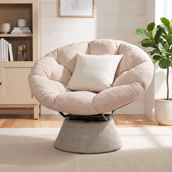 Dovov Papasan Chair, 360 Degree Swivel Papasan Accent Chair with Cushion, Oversized Ergonomic Chair Comfy Metal Round Swivel Chair Lounger for Living Room Bedroom Office, 440 Lbs Capacity, Beige