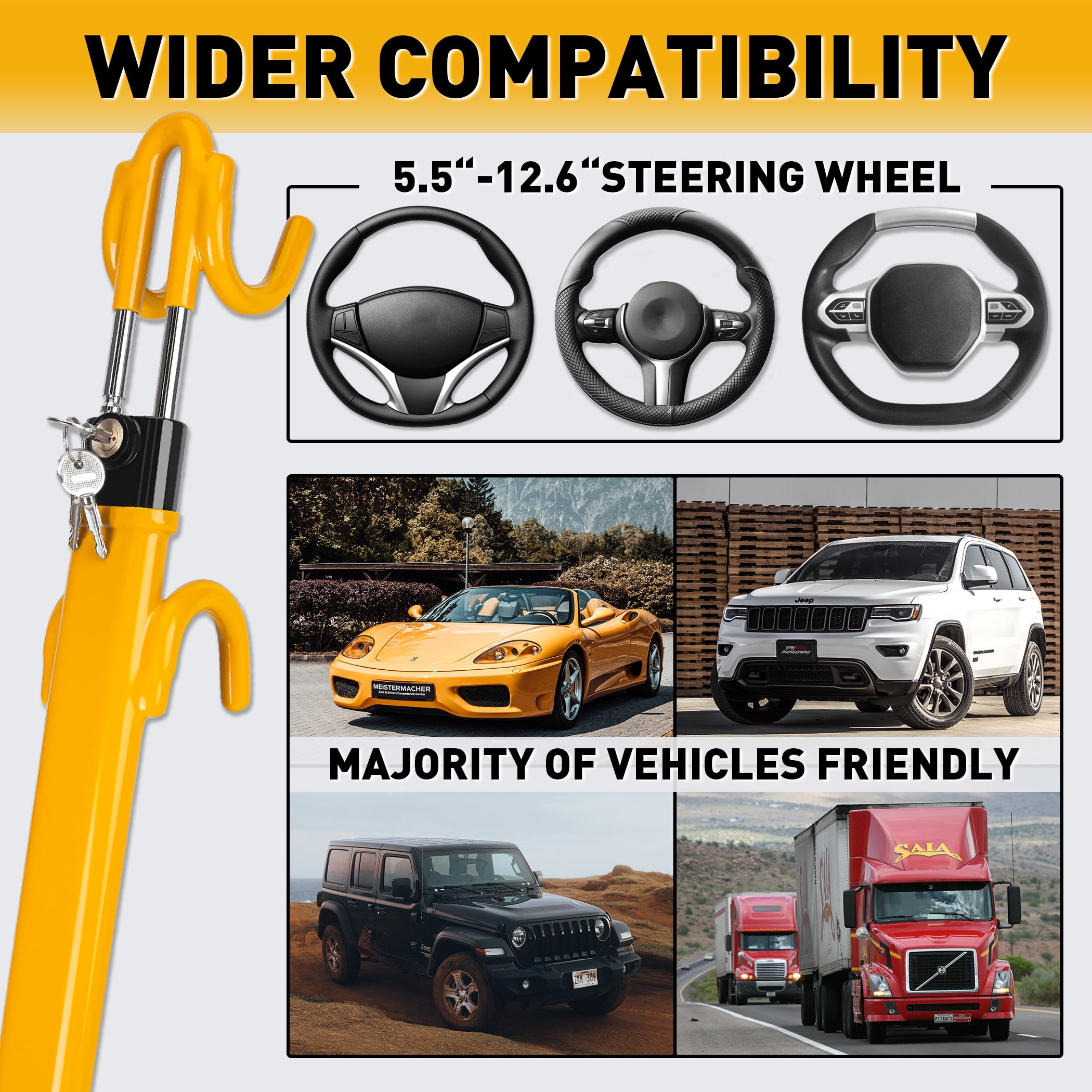 FATFOX Heavy Duty Steering Wheel Lock Anti-Theft Car Device Security Car Lock Great Deterrent Adjustable Antitheft Locking Devices for Cars Trucks Vans and SUVs with 3 Keys