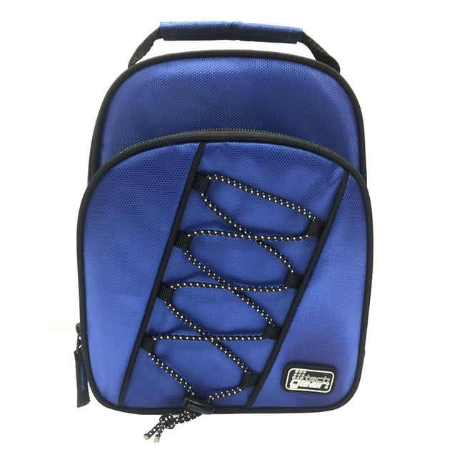 Blue Tech Gear bungee lunchbag featuring black and white elastic cords on the front for extra storage, a zippered main compartment, padded top handle, and logo patch at bottom right.
