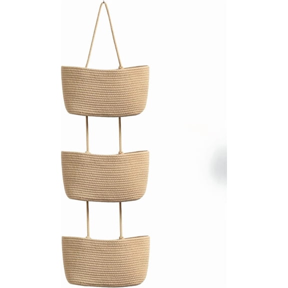 Over the Door Hanging Basket – 3-Tier Woven Cotton Wall-Mounted Storage Organizer Bag, Decorative Hanging Nursery Baskets, Jute