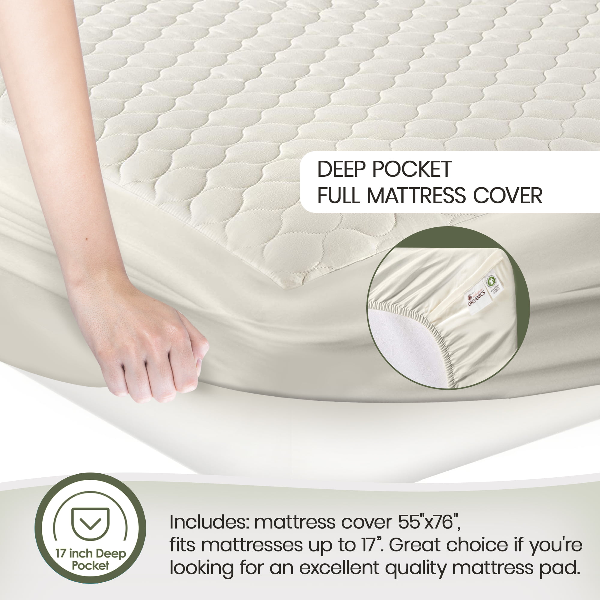 100% Organic Cotton Mattress Pad Quilted Deep Pocket Cover Ivory Color GOTS New 