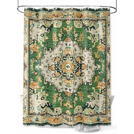 Shower Curtain Green Boho Bathroom Curtains with Hooks, Waterproof Fabric Bohemian Tribal Texture Bath Shower Curtains Set for Bathroom Bathtubs Decor 36x72 Inch