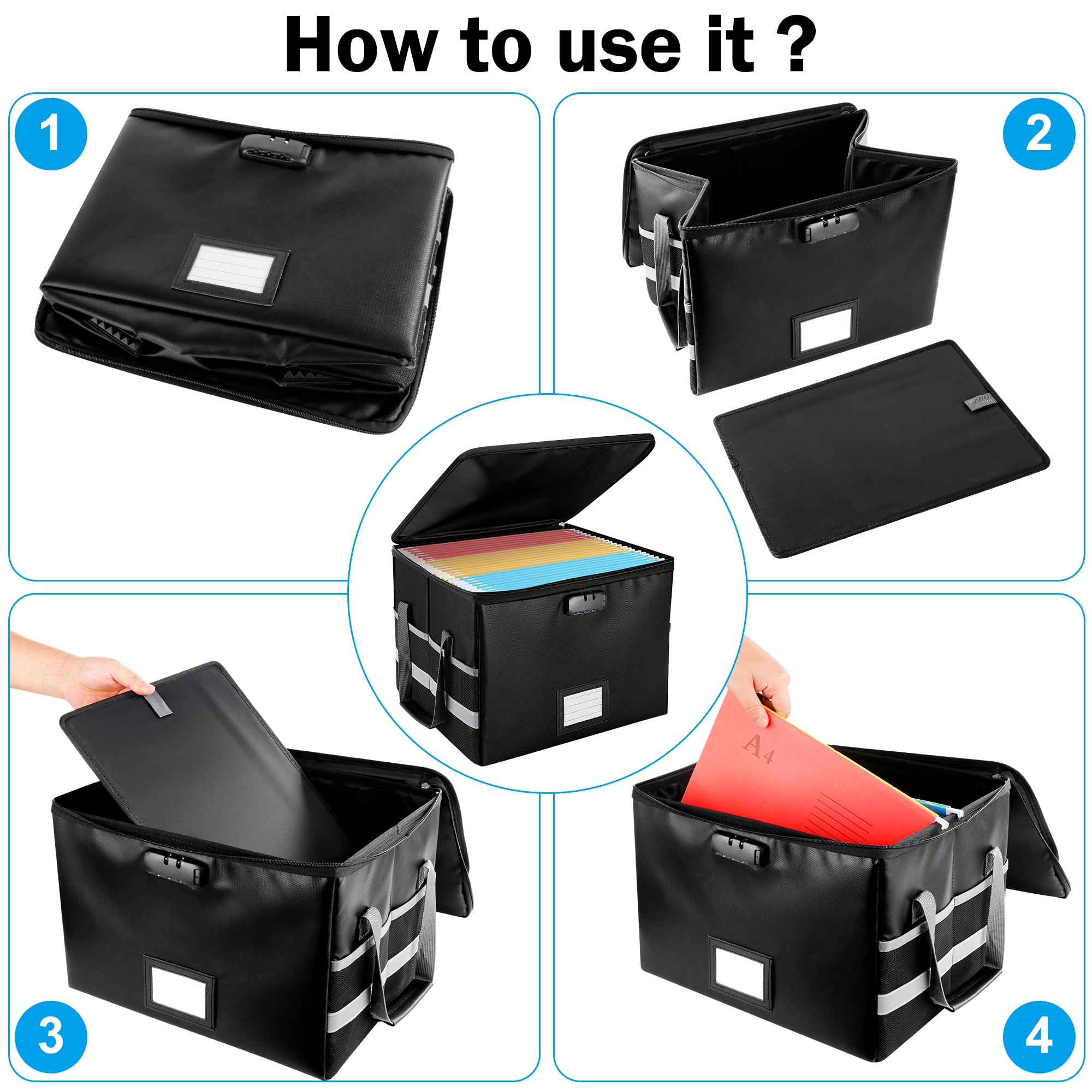 Kusmil File Box with Lock, Fireproof File Document Organizer for Home Office Hanging Letter/Legal Folder (Black)