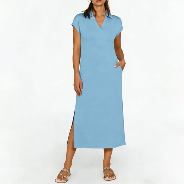 TaTaai Women's Short Sleeve Midi Dress Solid Color Lapel Collar Casual Dress with Side Slit Lightweight Stretchy Polyester Blend Gift