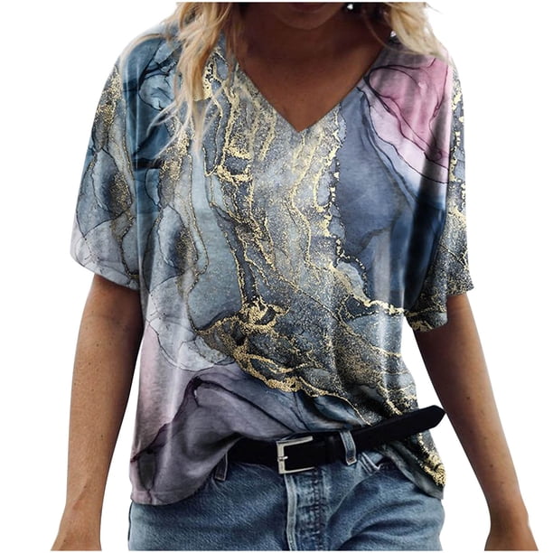Blusa de manga corta con cuello en V para mujer de moda Camiseta con estampado de verano Tops sueltos Fridja bn7417