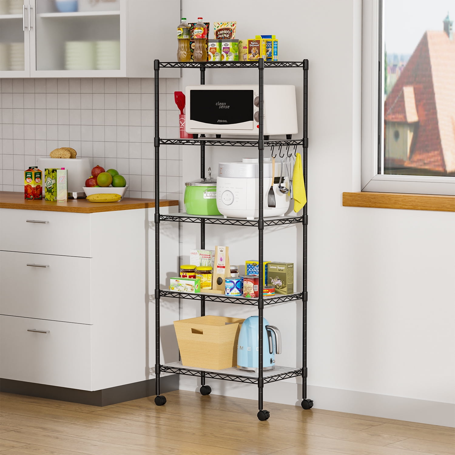 FDW 5-Tier Metal Wire Garage Storage Rack Shelf Unit For Garage/Kitchen,With Wheels,Black