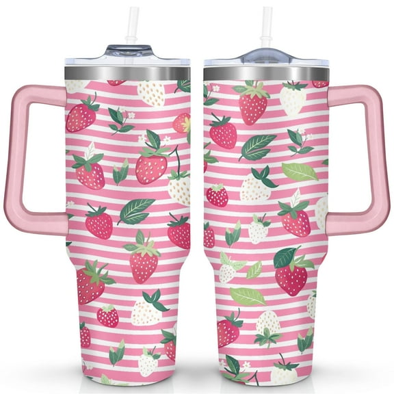 40oz Strawberry Tumbler with Handle & Straw, Stainless Steel Insulated Cup, Leak Proof Travel Mug, Keeps Drinks Hot/Cold, Nurse Coffee Cup, Gifts for Women Men