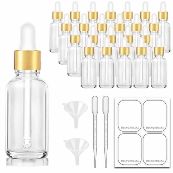 2 Oz Dropper Bottle, Bumobum Clear Glass Eye Dropper Bottles With Golden Top Cap For Essential Oils, 24 Pack Tincture Bottle With Labels And Funnel