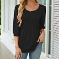 thumbnail image 2 of Diufon Womens Fall Blouses Casual Solid Color Pleated Pullover Tops Neck Puff 3/4 Sleeve Tees, 2 of 7