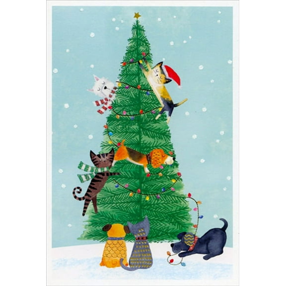 Pictura Kittens and Puppies Decorating Tree with Lights Christmas Card
