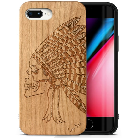 Case Yard Wooden Case Outside Soft TPU Silicone Slim Fit Shockproof Wood Protective Phone Cover for Girls Boys Men and Women Supports Wireless Charging Indian Chief Skull Design case for iPhone-8-Plus