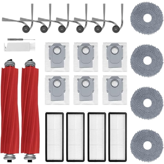 24Pcs Replacement Compatible with Roborock Qrevo S5V/Curv/Edge Robot Vacuum, 1Pair Main Brush, 4 Mop Cloth Pads, 6 Side Brushes, 4 HEPA Filters,6 Dust Bag, 1 Cleaning Tool