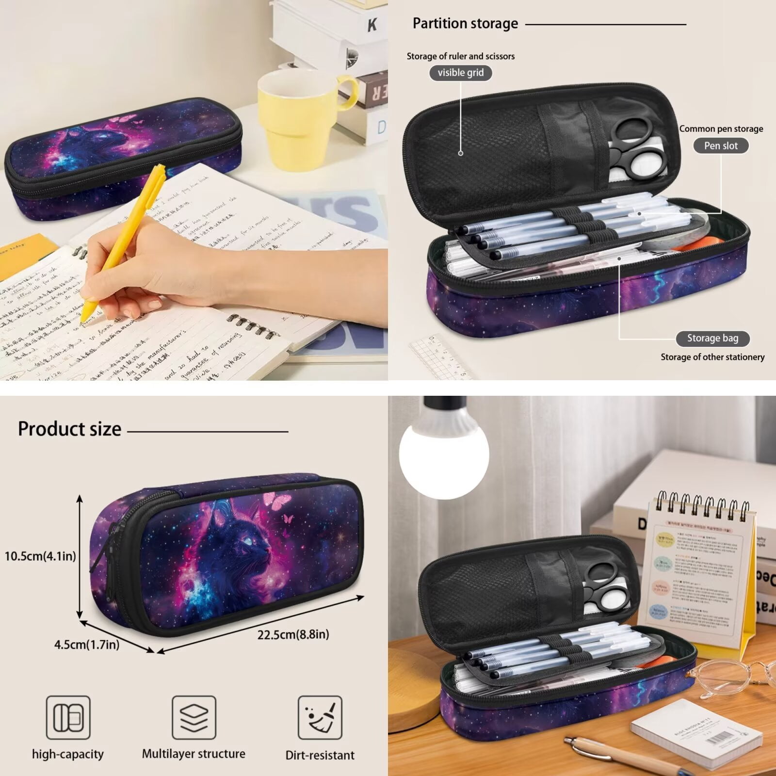Pzuqiu Galaxy Cat Back Pack for School Girls Set of 4 17 Inch Kids Backpack Lunch Bag with Pencil Box 2pcs Bookmark, Travel Rucksack Camping School Bag for Teens Christmas Gifts