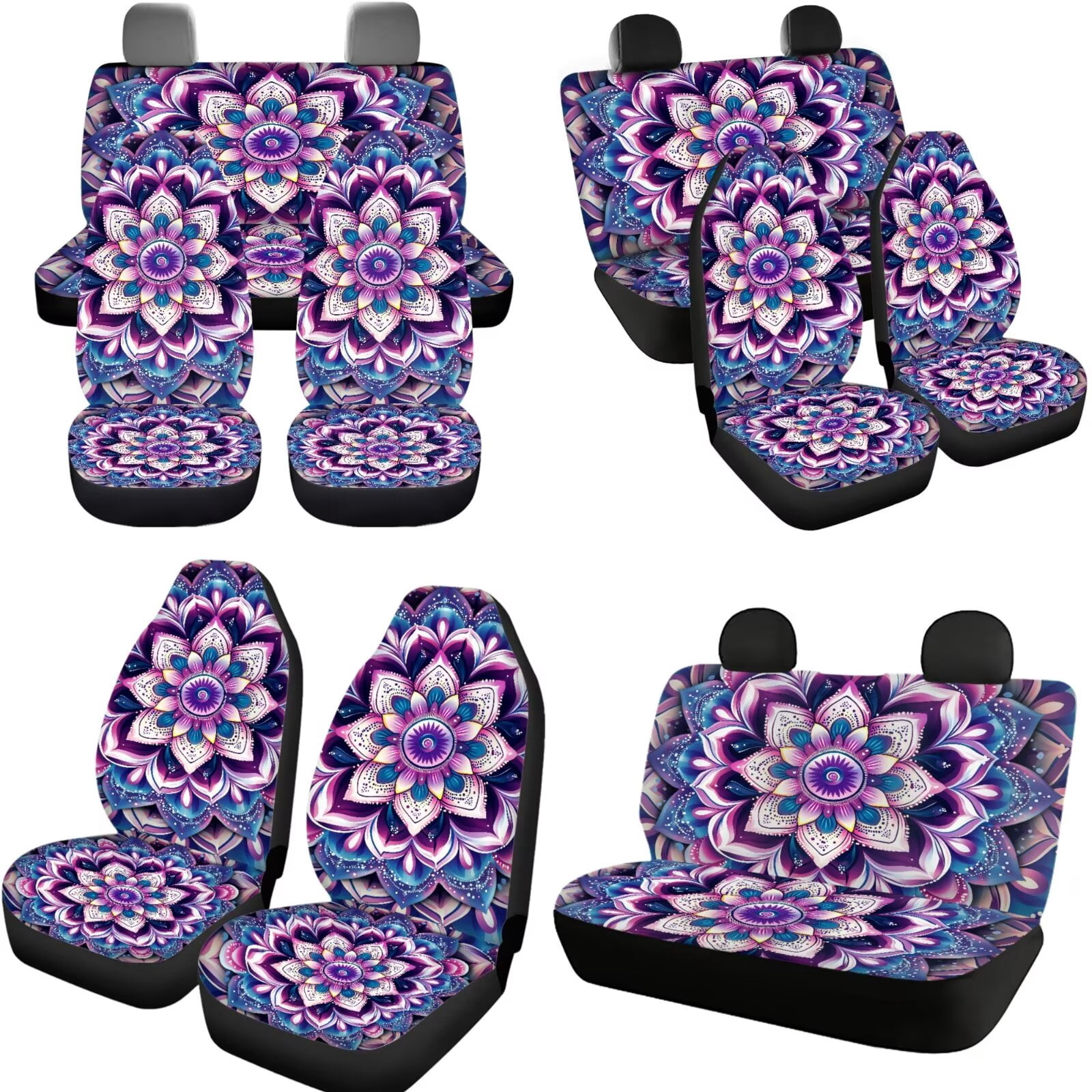Jeiento Purple Boho Mandala Car Seat Covers Full Set with Headrest Covers, Auto Keychain Holder, Cup Coasters, Gear Shift Cover, Handbrake Cover, 11 Piece Automobile Interior Sets