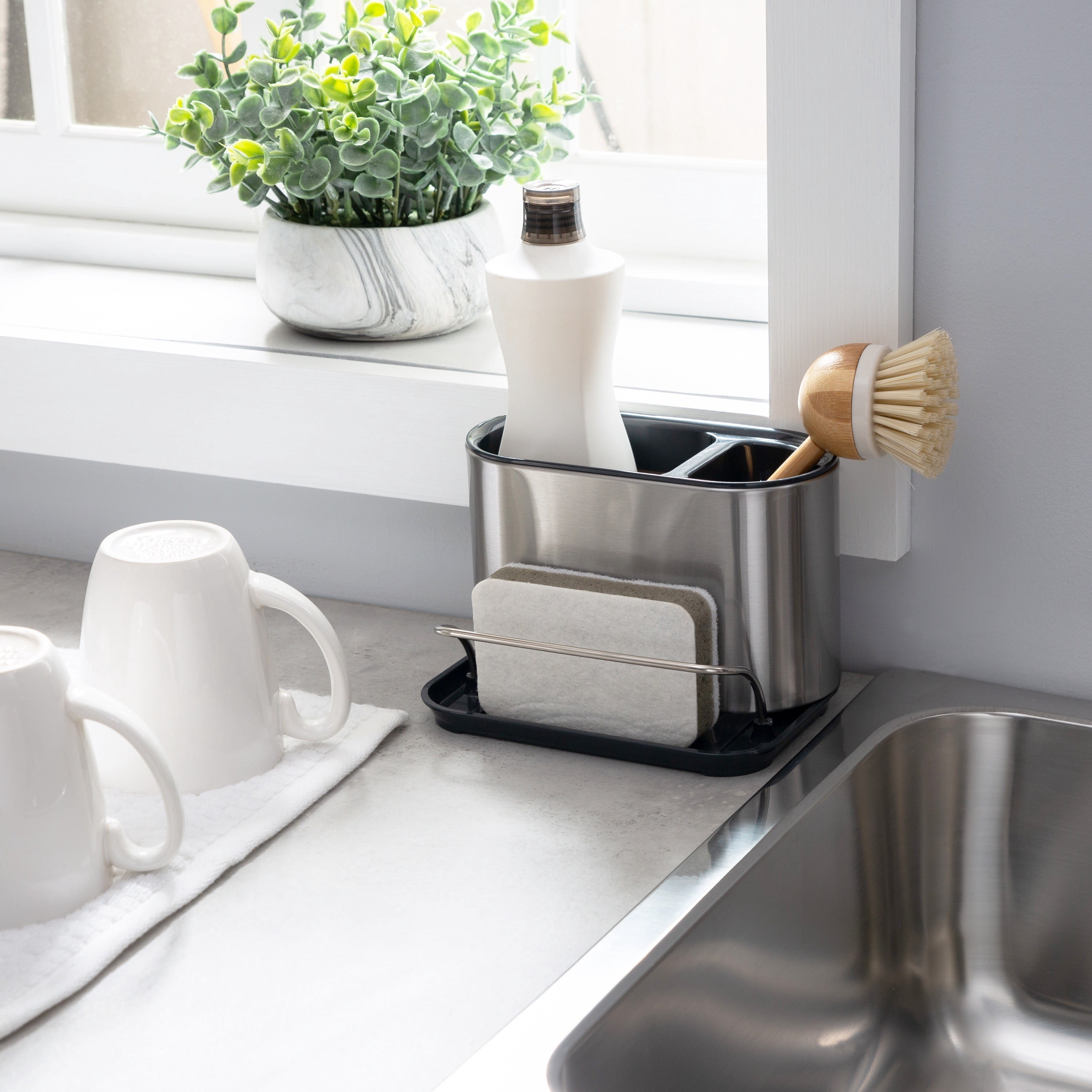 Kitchen Details 3-in-1 Stainless Steel Sink Organizer with Sponge Holder, Brush Holder & Dish Soap Dispenser | Self-Draining Kitchen Caddy | Countertop Storage