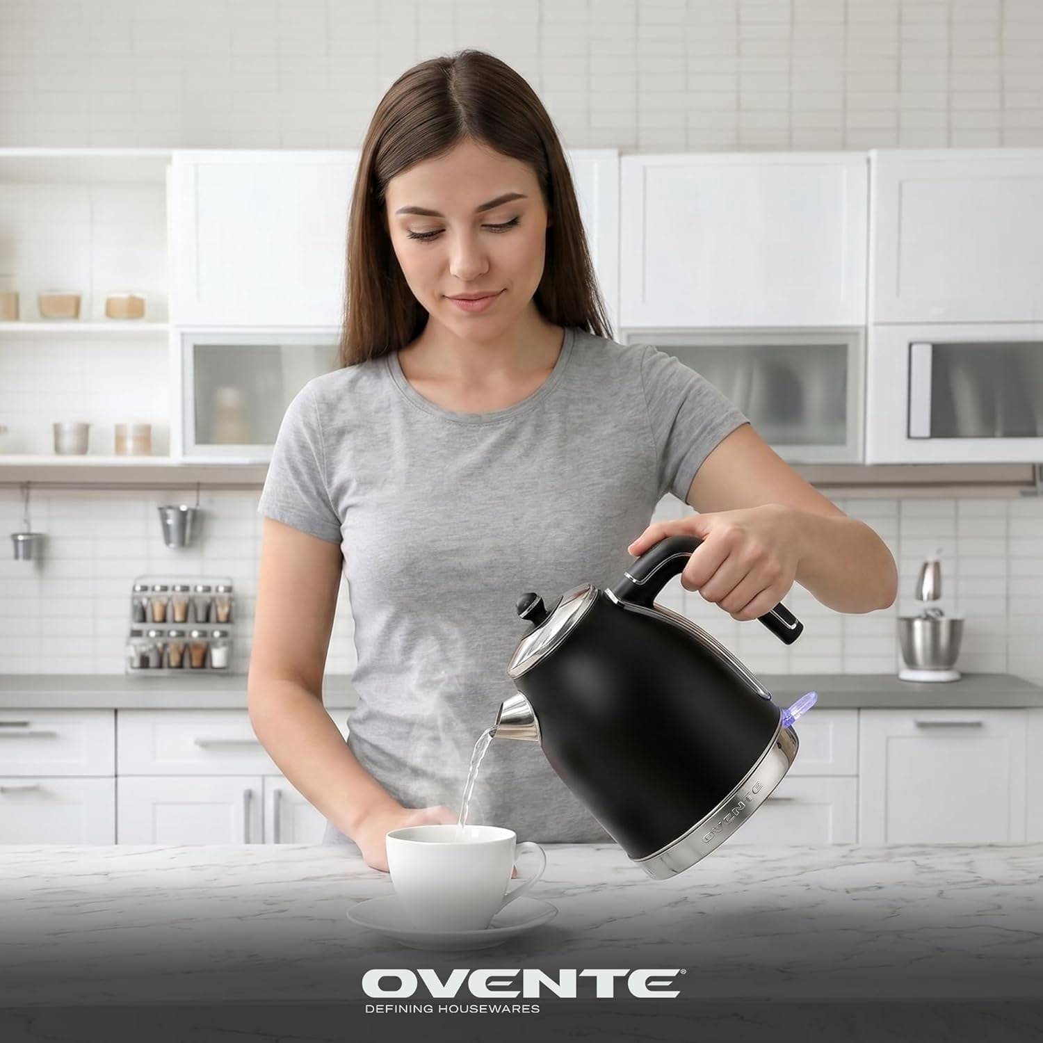 OVENTE 1.7L Electric Kettle 1500W Fast Boiling Water Heater for Coffee or Tea with Stainless Steel BPA-Free and Cordless Body, Auto Shut-Off, Boil-Dry Protection and Removable Filter, Silver KS777B