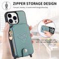 thumbnail image 3 of Compatible with iPhone 13 Pro Case Wallet, with Credit Card Holder Zipper Pocket Crossbody Strap Heart Pattern PU Leather Magnetic Clasp Kickstand Heavy Duty Protective Flip Cover, Green, 3 of 12