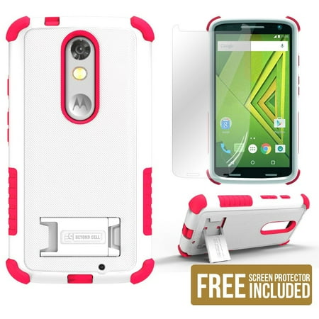 BEYOND CELL WHITE/PINK TRI-SHIELD RUGGED SOFT SKIN HARD CASE COVER WITH KICKSTAND + SCREEN PROTECTOR FOR VERIZON MOTOROLA DROID TURBO 2 PHONE (aka MOTO X FORCE) XT1580
