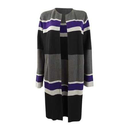 Calvin Klein Women's Full Length Striped Open-Front Cardigan, Charcoal Multi XL