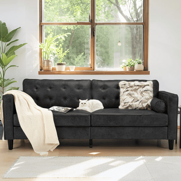 AECOJOY Leather Couch Sofa 84.2” Mid-Century Sectional Sofa 3 Seater Sofa on Clearance,Black