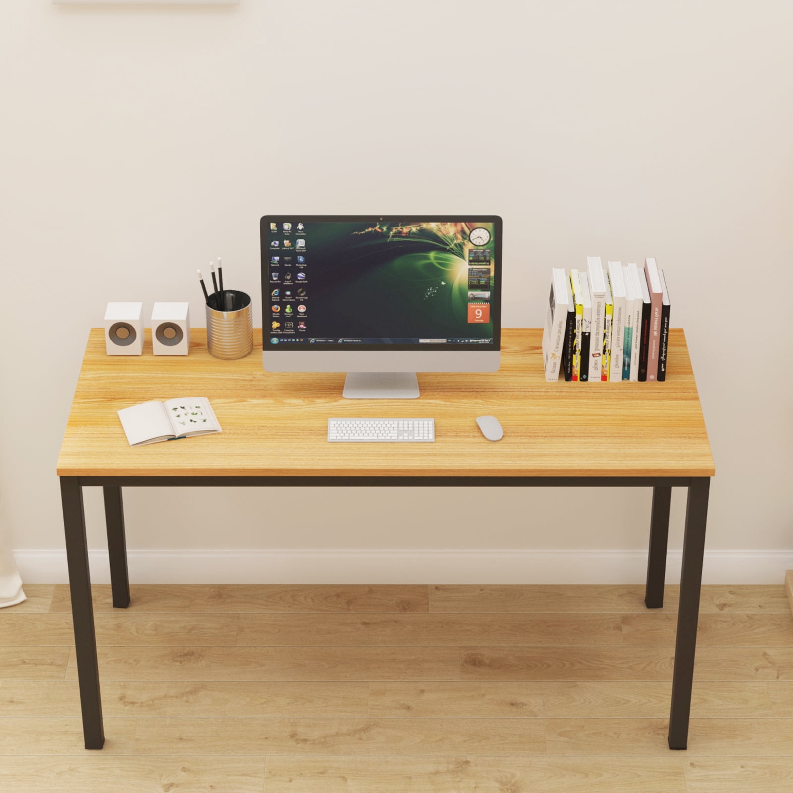 SOGES 55 inches Large Office Desk Writing Desk, Teak & Black