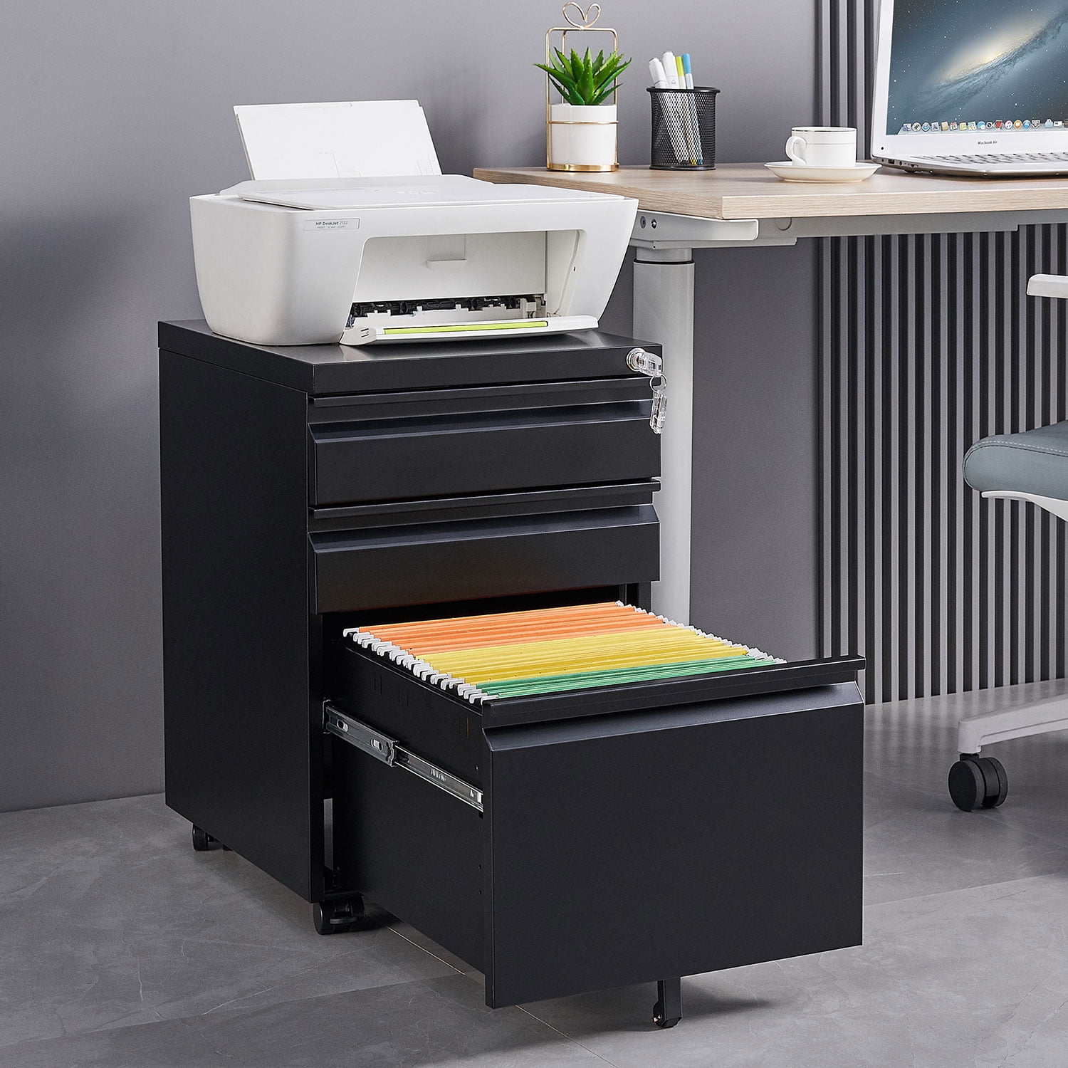 3-Drawer Lockable Mobile Metal Filing Cabinet for Letter/Legal/A4 Size, Under Desk Rolling Office Storage Cabinet with Anti-Tilt Fifth Wheel & Brake Casters, Assembly Required